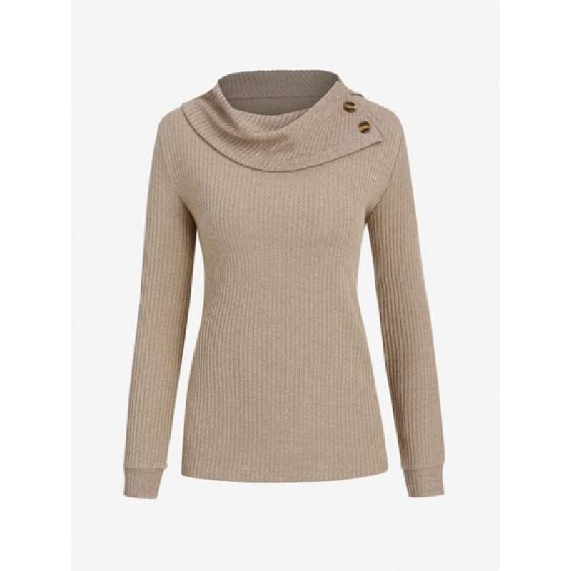 Turn Down Collar Buttoned Ribbed Knit Top CS9884