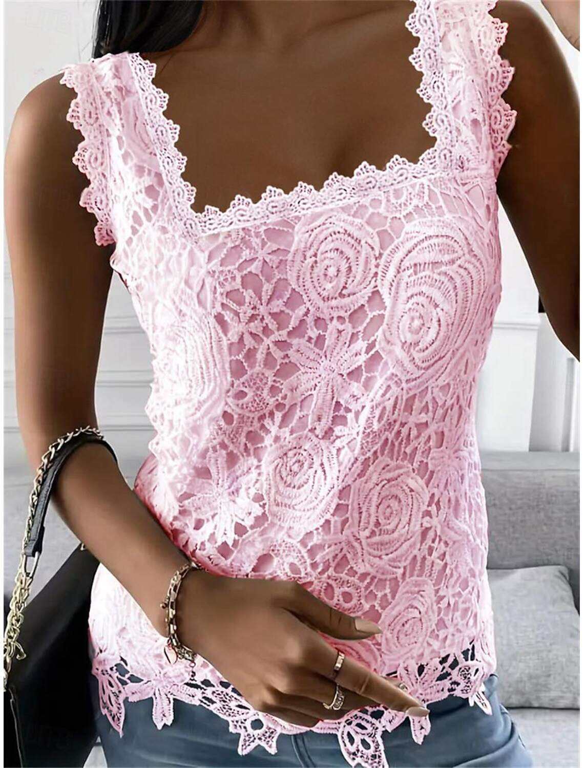 Women's Elegant Lace Tops Eyelet Blouse Sexy Sleeveless Floral Semi-Sheer Square Neckline Scalloped Trim Fashion Slim Fit Date Casual Party Romantic Petite Tops Summer Holiday Wear