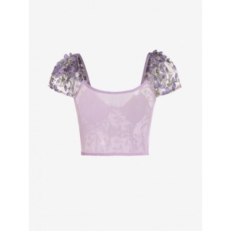Leaves Embroidered Sheer Mesh Bustier Cropped Top FU4232