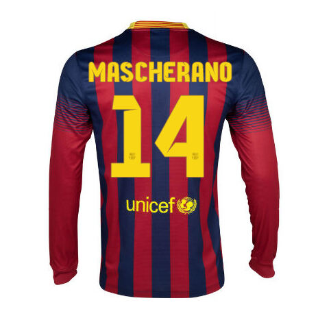 13-14 Barcelona 14 Mascherano Home Long Sleeve Soccer Jersey Shirt -