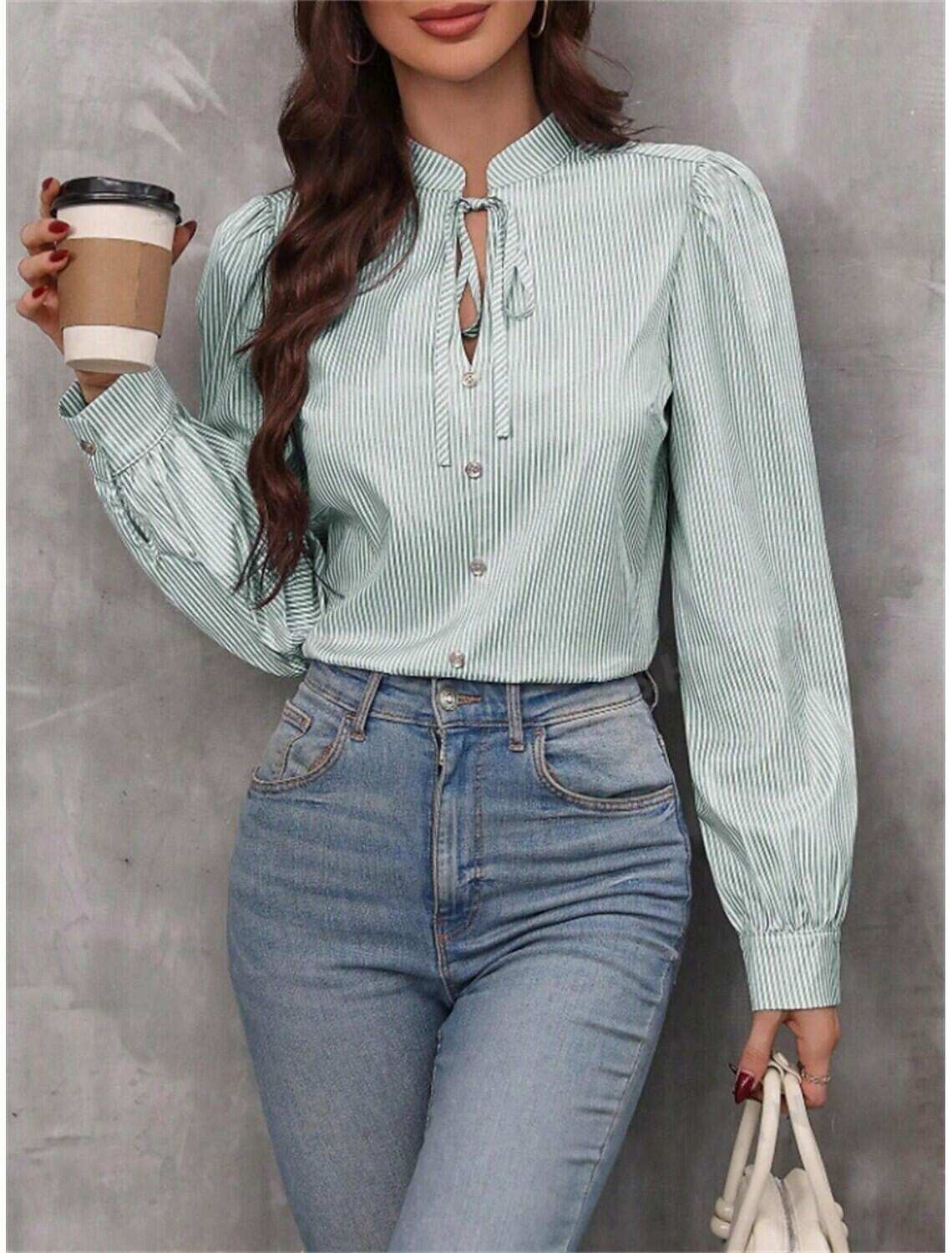 Women's Shirt Blouse Stylish Casual Striped Regular Tops Long Sleeve V Neck Patchwork Regular Fit Work Daily Going out Summer Spring Fall