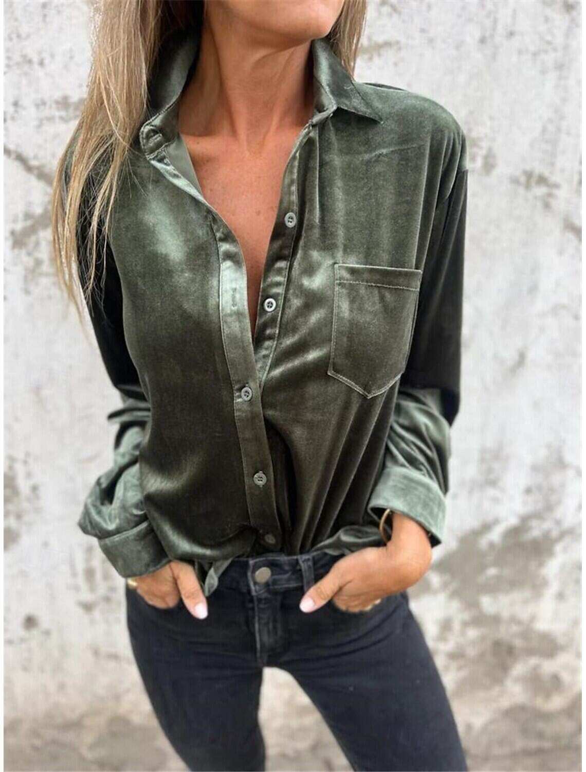 Women's Shirt Blouse Basic Casual Solid Color Regular Tops Long Sleeve Shirt Collar Buttons Regular Fit Daily Fall Winter