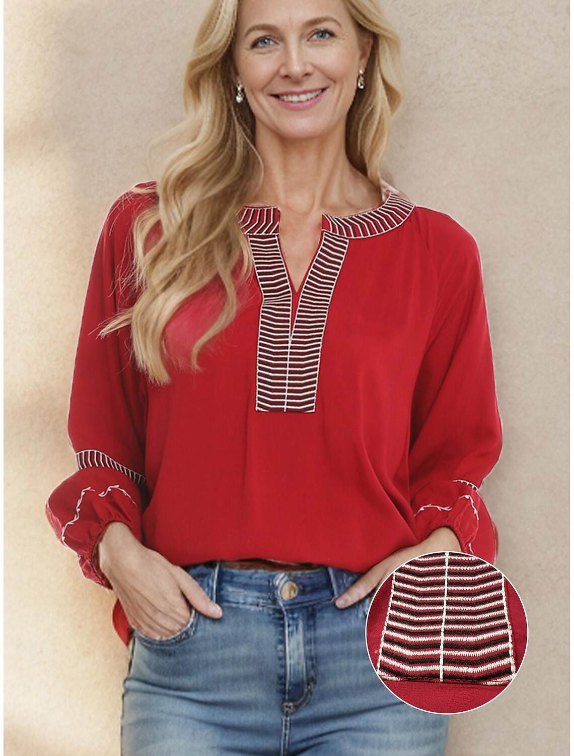 Women's Tunic Designer Shirt Rayon Bohemian Style Mature Color Block Striped Embroidered Long Sleeve Long Tops V Neck New Year Work Spring & Fall