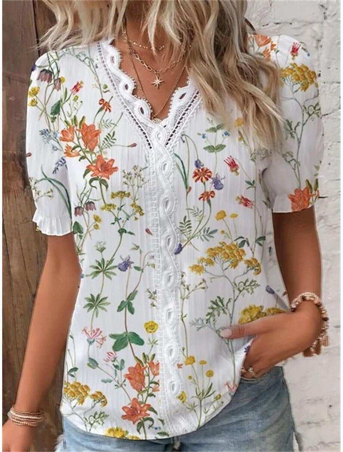 Women's Shirt Lace Shirt Blouse Stylish Modern Floral Lace Patchwork Print Short Sleeve Regular Tops V Neck Daily Sky Summer Spring