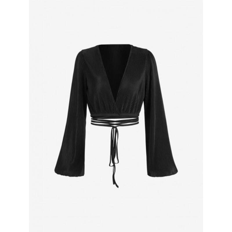 Long Sleeve Plisse Cropped Wrap Blouse GG2906