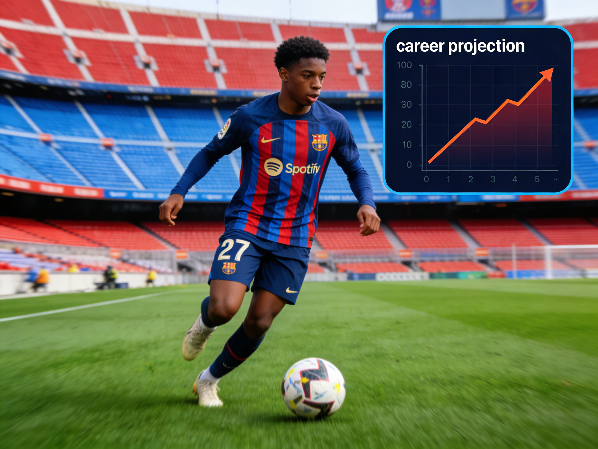 Yamal driblando, con su juvenil rostro en contraste con la camiseta de adulto del Bar&ccedil;a. Incluir un recuadro con un gr&aacute;fico de "proyecci&oacute;n de carrera" ascendente.