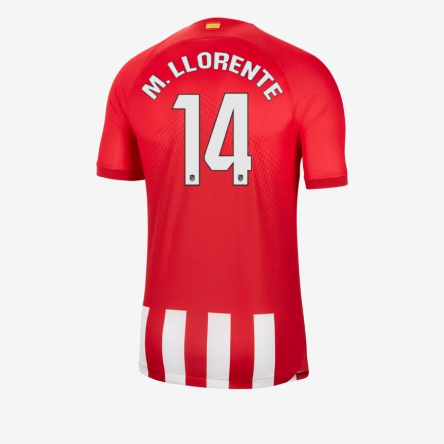Atlético Madrid's M. LLORENTE 14 Home Jersey for the 23-24 season.
