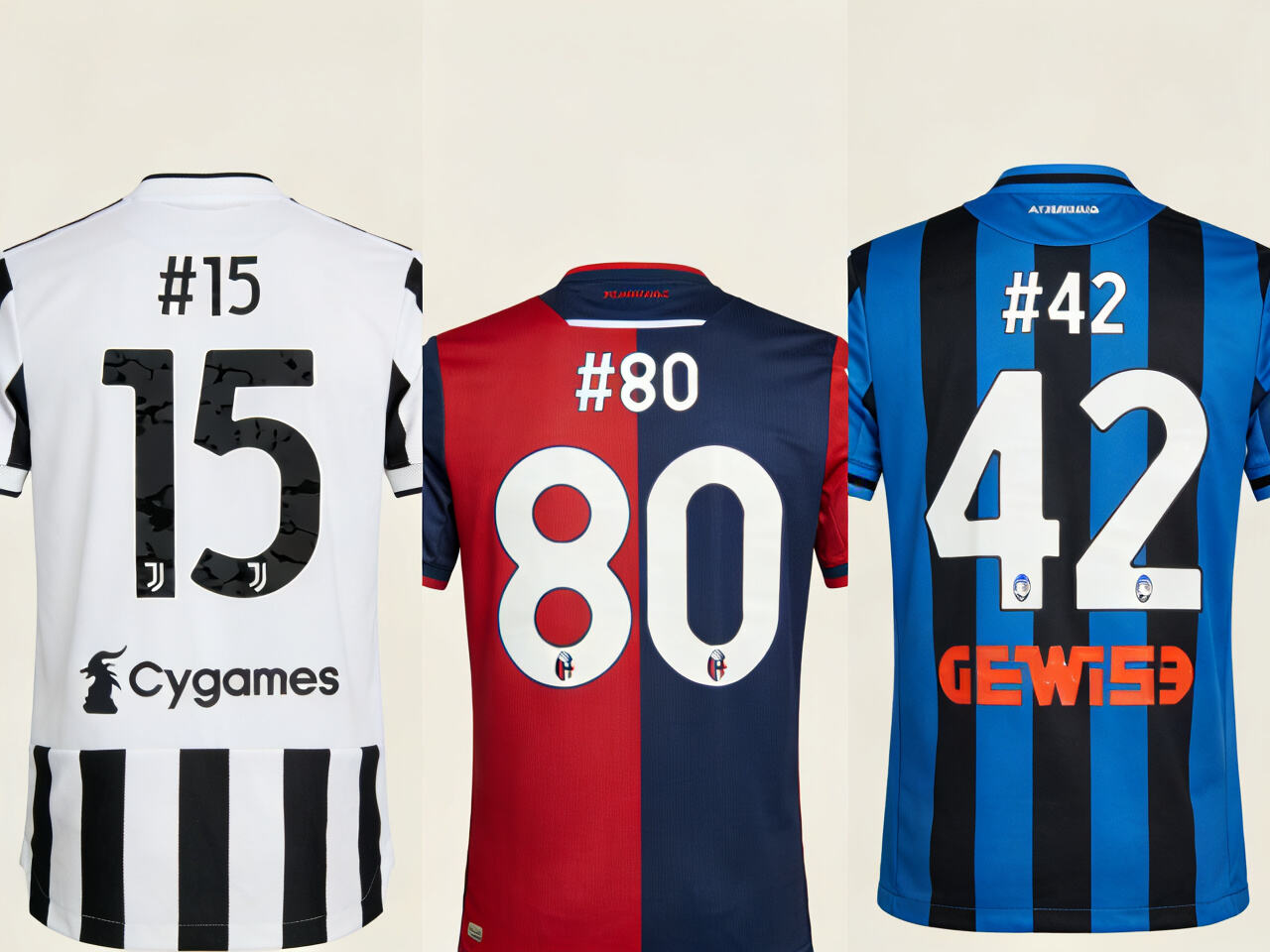 A curated collection of the hottest Serie A young talent jerseys for 2024: Juventus #15 (Yıldız), Bologna #80 (Zanolì), and Atalanta #42 (Scalvini) displayed side-by-side.