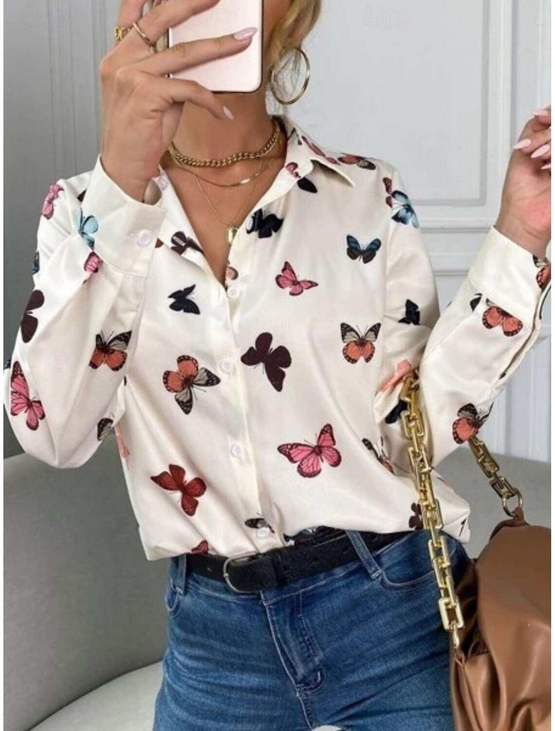 Women's Shirt Blouse Stylish Casual Butterfly Regular Tops Long Sleeve Shirt Collar Buttons Print Regular Fit Daily Summer Spring