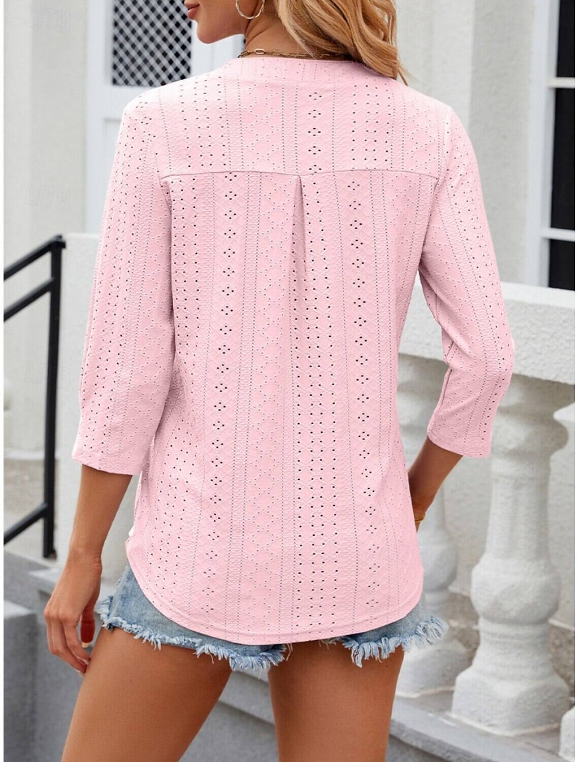Women's Shirt Blouse Stylish Casual Floral Regular Tops Long Sleeve Notched Neck Eyelet Regular Fit Daily Summer Spring