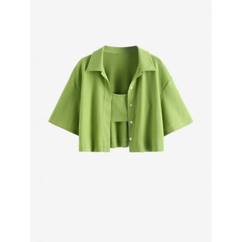 Cropped Textured Shirt With Tiny Cami Top PZ3968