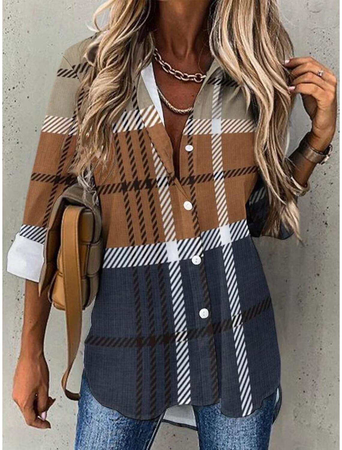 Women's Shirt Blouse Fashion Plaid Buttons Print Long Sleeve Regular Tops Shirt Collar Casual Spring & Fall