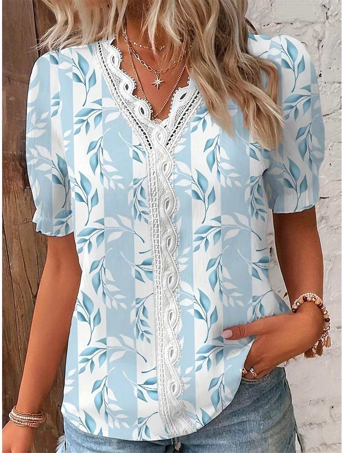 Women's Shirt Lace Shirt Blouse Stylish Modern Floral Lace Patchwork Print Short Sleeve Regular Tops V Neck Daily Sky Summer Spring