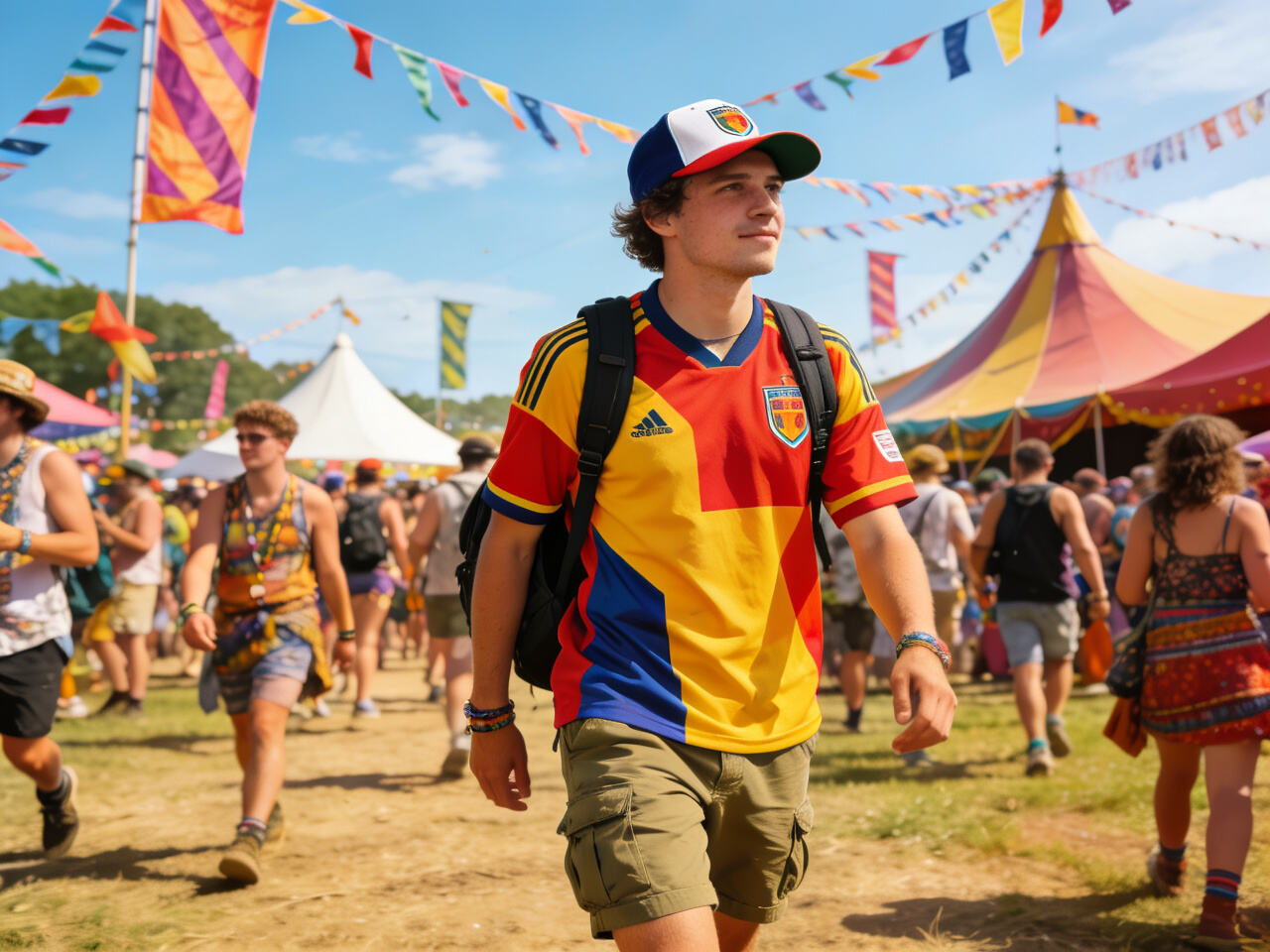 Someone at an outdoor festival, wearing a vibrant away jersey with cargo shorts, a hat, and a backpack, amidst a crowd.