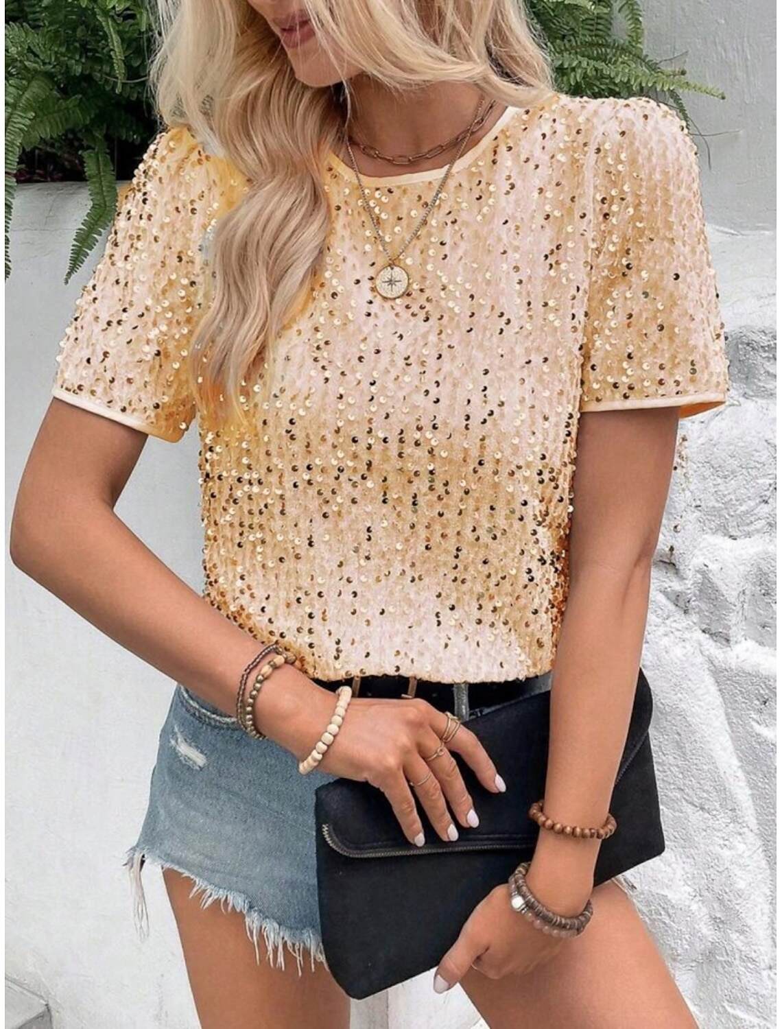 Women's T Shirt Fashion Modern Casual Plain Regular Tops Short Sleeve Crew Neck Sequins Regular Fit Daily Weekend Summer Spring