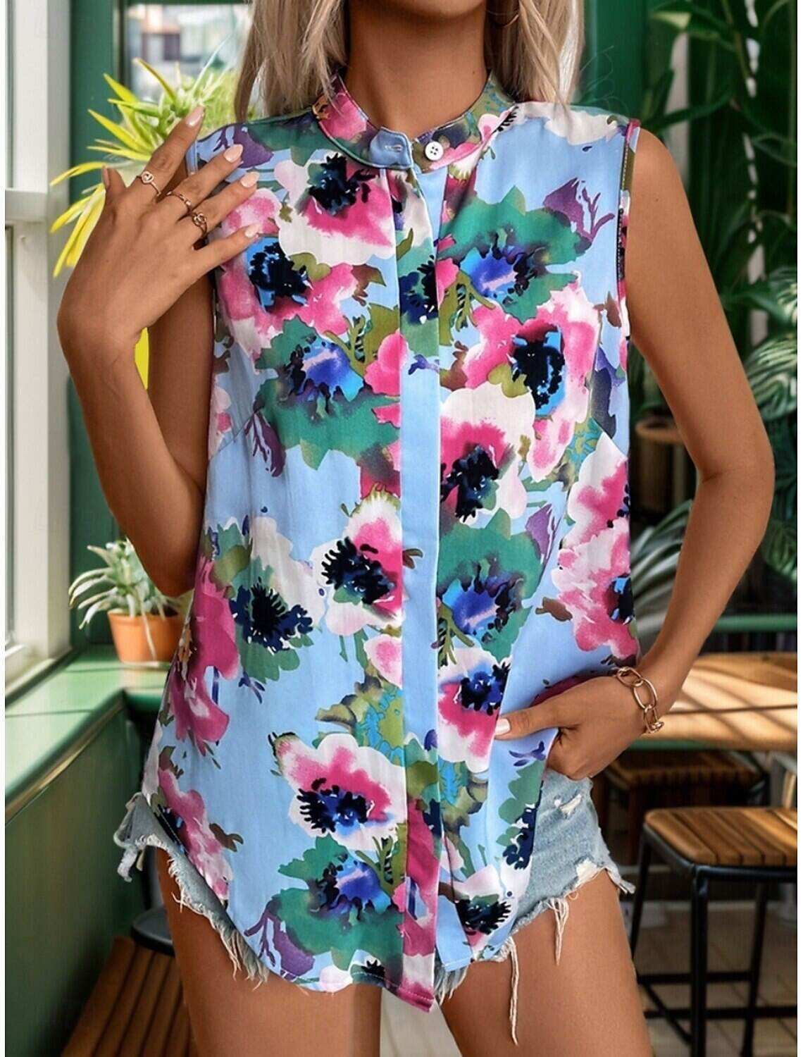 Women's Shirt Blouse Stylish Casual Floral Regular Tops Sleeveless Turtleneck Buttons Print Regular Fit Daily Summer