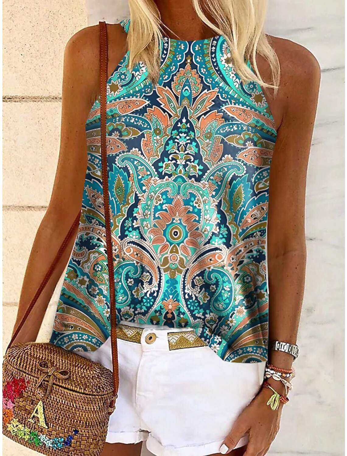 Women's Tank Top Halter Summer Tops Basic Paisley Vintage Ethnic Regular Tops Sleeveless Halter Neck Print Regular Fit Casual Holiday