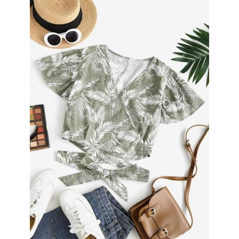 Leaf Print Tropical Surplice Tied Blouse HP5793
