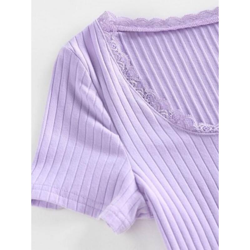 Ribbed Lace Insert Mock Button T Shirt NX0726