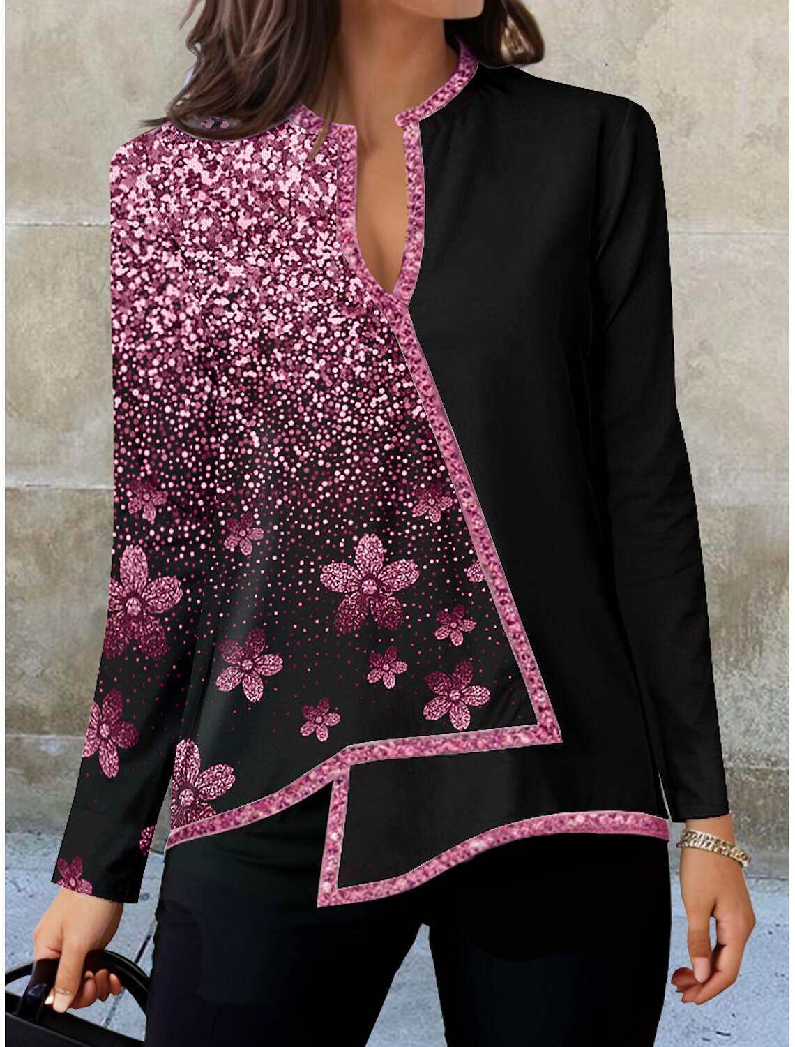 Women's Shirt Blouse Fashion Floral Print Asymmetric Hem Long Sleeve Regular Tops V Neck Casual Holiday Fall & Winter