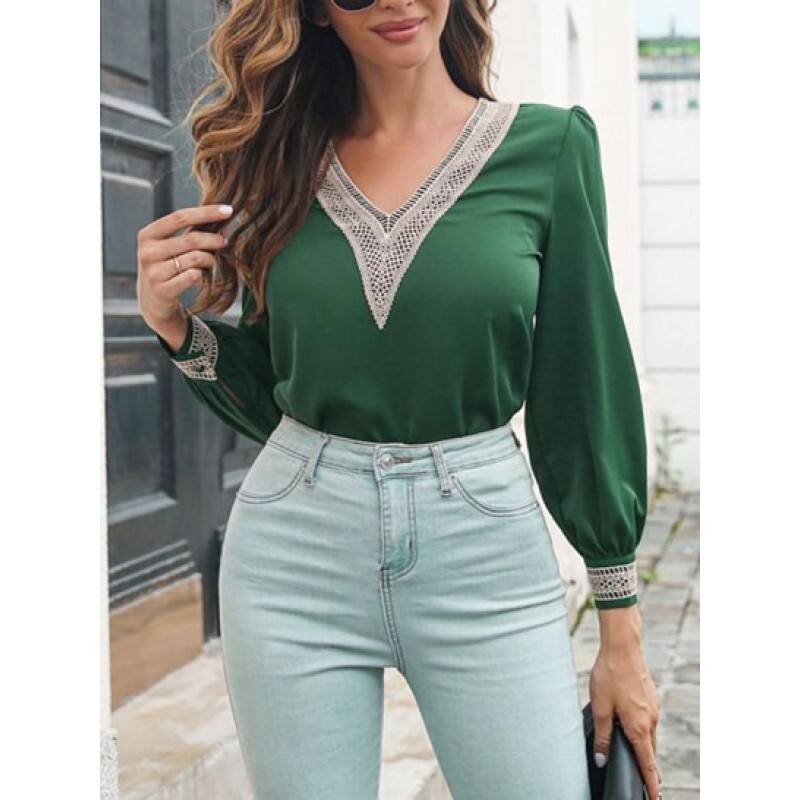 Chiffon V Neck Lace Casual Blouse VF8390