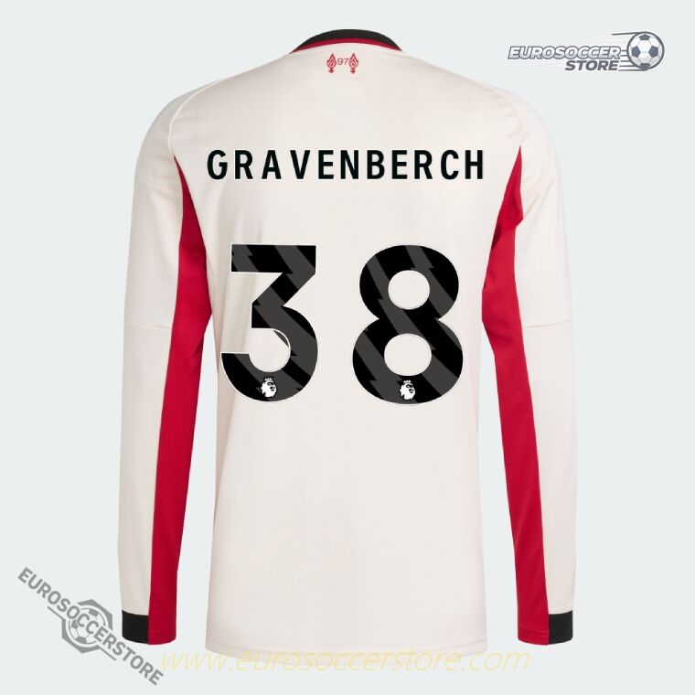 Away Long Sleeve Jersey for Liverpool featuring GRAVENBERCH 38 from the 25-26 season