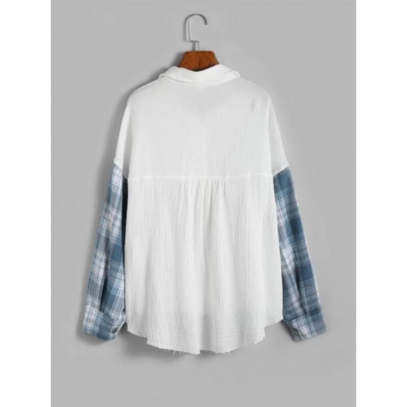 Plaid Panel Front Pockets Button Down Shirt BT6069