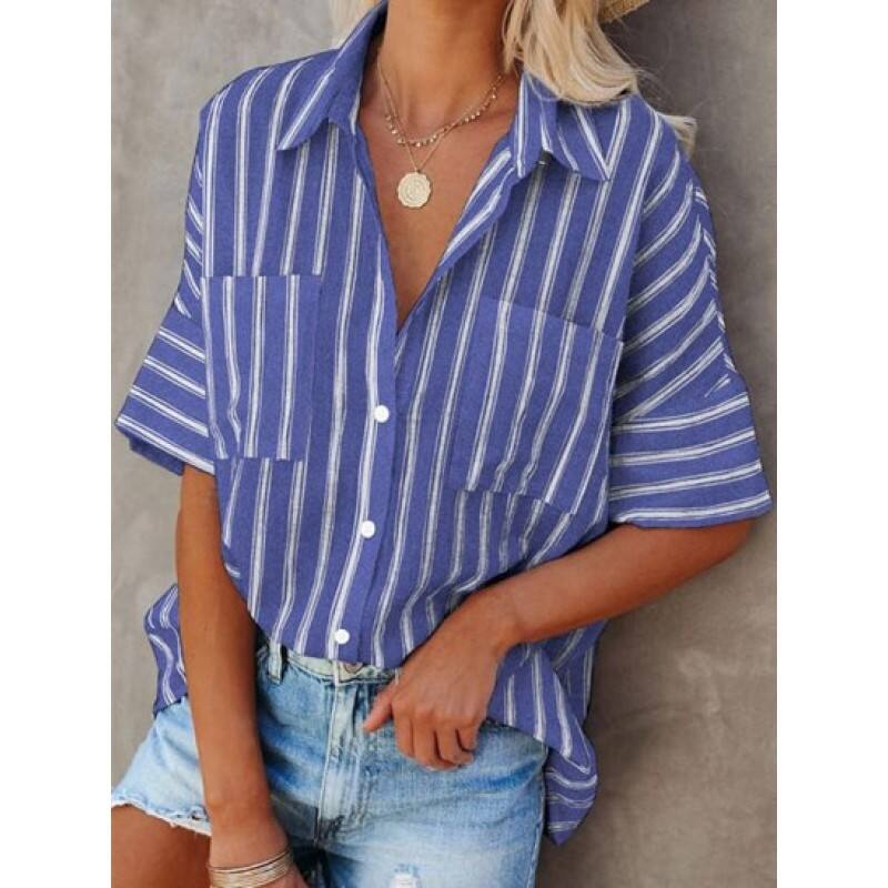 Vertical Stripes Front Pockets Button Down Shirt WQ1326