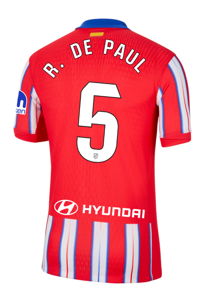 Atletico Madrid's 24-25 Laliga Home Jersey featuring R. DE PAUL with the number 5