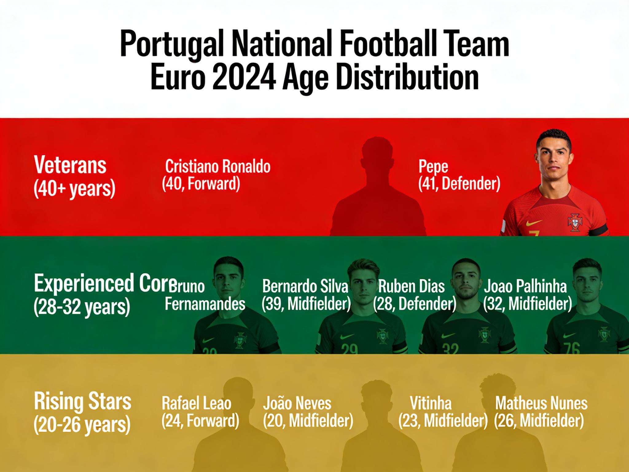 An infographic clearly visualizes the age mix of Portugal's Euro 2024 squad, highlighting experienced veterans like Pepe alongside young talents like Rafael Le&atilde;o.