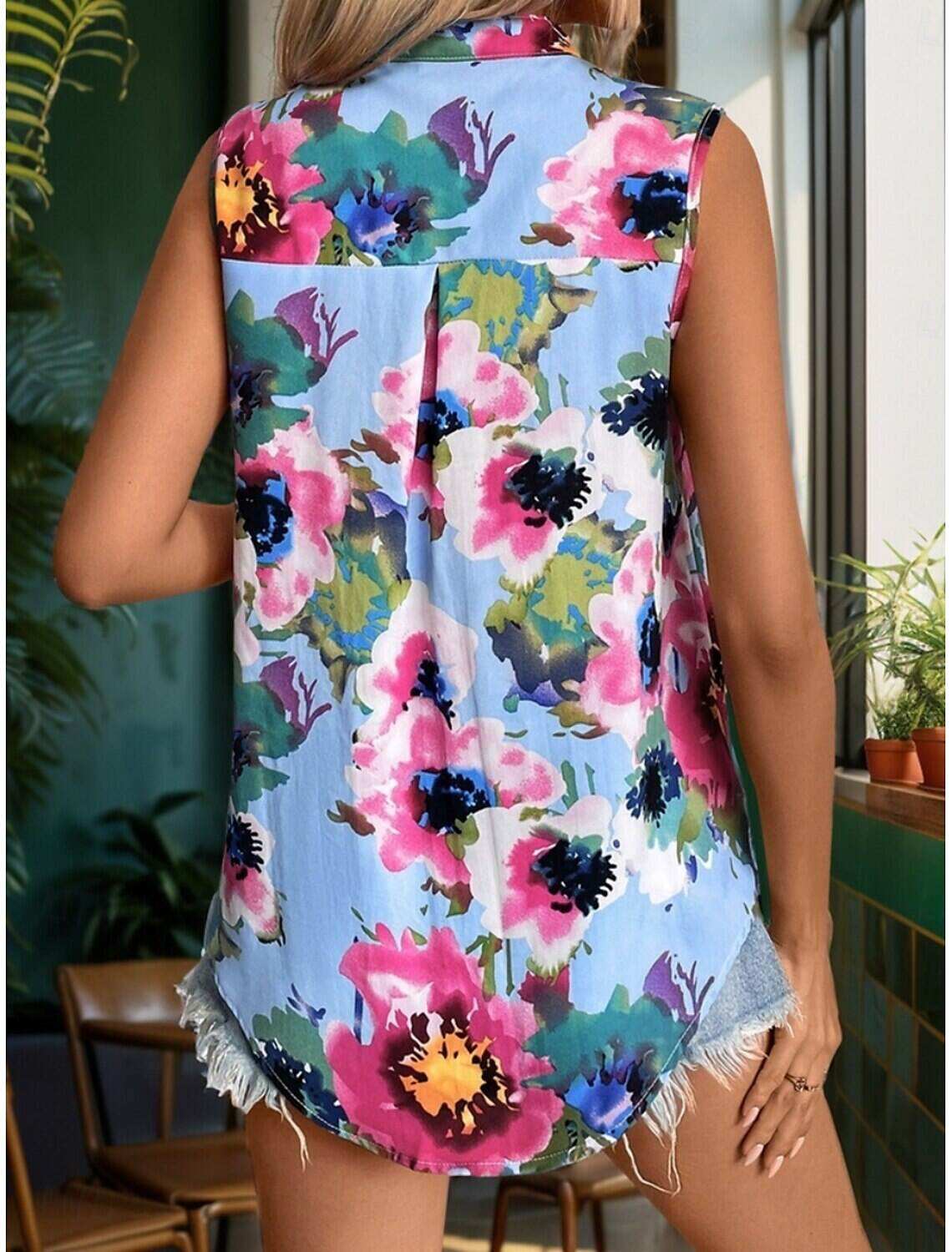 Women's Shirt Blouse Stylish Casual Floral Regular Tops Sleeveless Turtleneck Buttons Print Regular Fit Daily Summer
