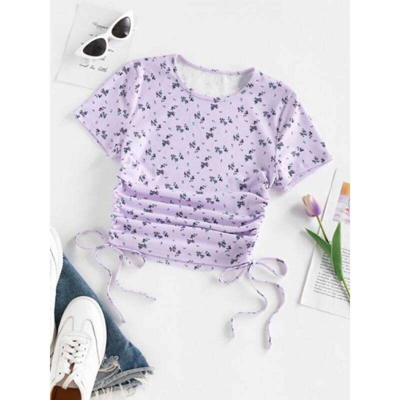 Floral Ribbed Cinched Tie Baby Tee OI5799