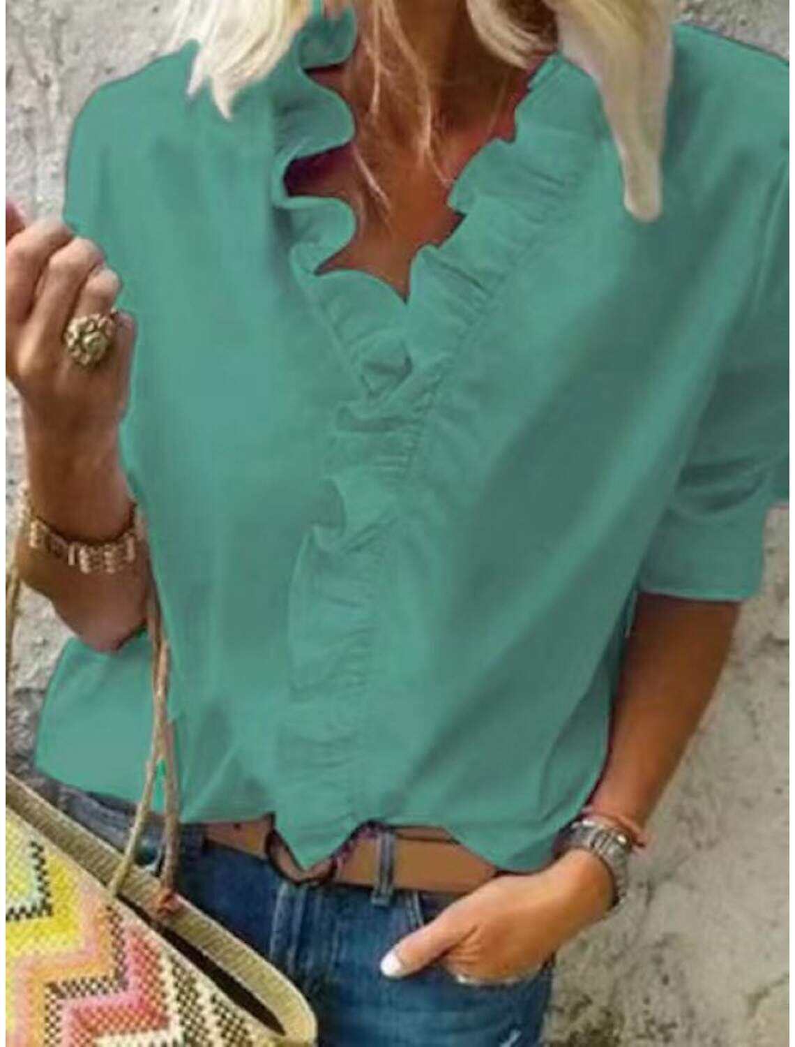 Women‘s Blouse Shirt V Neck Lettuce Trim Plain Modern V Neck Regular Spring & Fall Blue