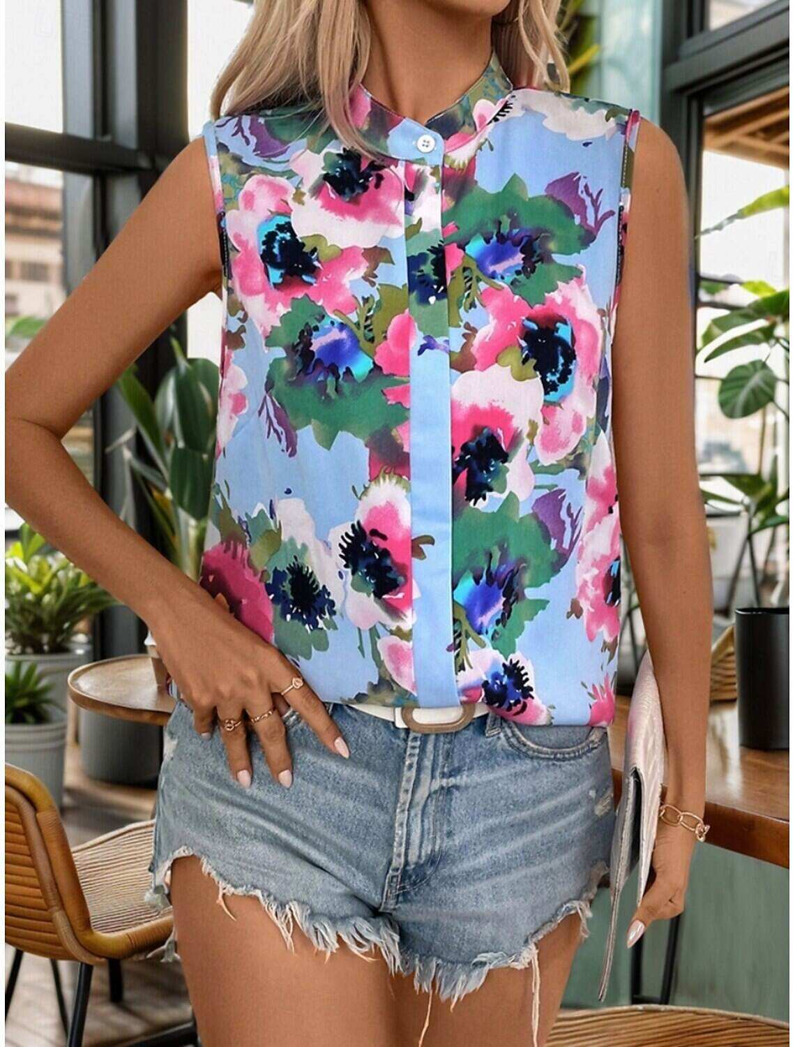 Women's Shirt Blouse Stylish Casual Floral Regular Tops Sleeveless Turtleneck Buttons Print Regular Fit Daily Summer