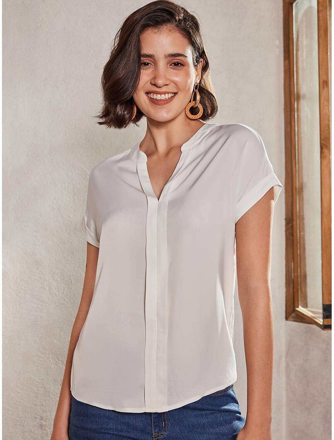 Women's Plus Size Shirt Blouse Elegant Fashion Basic Plain Regular Tops Short Sleeve V Neck Regular Fit Casual