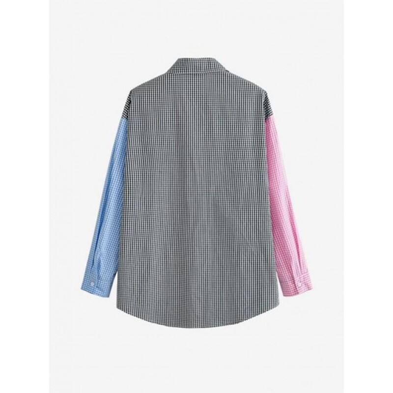 Colorblock Gingham Drop Shoulder Pocket Shirt KS8013