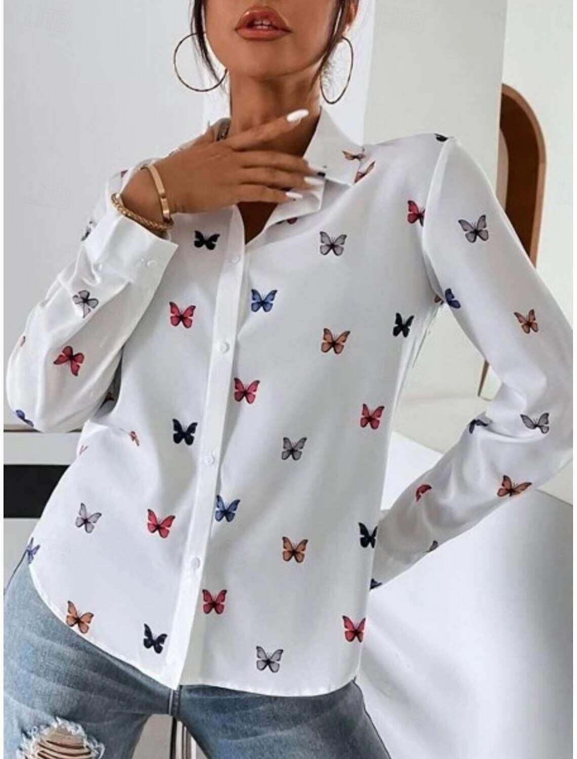 Women's Shirt Blouse Stylish Casual Butterfly Regular Tops Long Sleeve Shirt Collar Buttons Print Regular Fit Daily Summer Spring