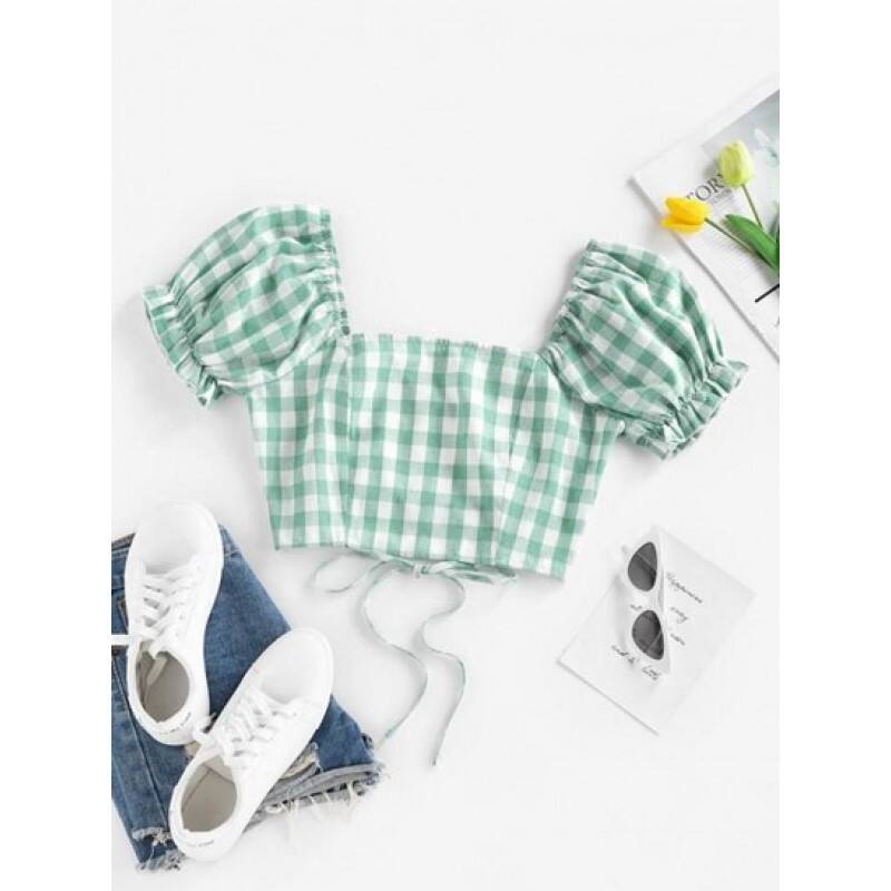 Gingham Puff Sleeve Backless Lace Up Blouse QI9371