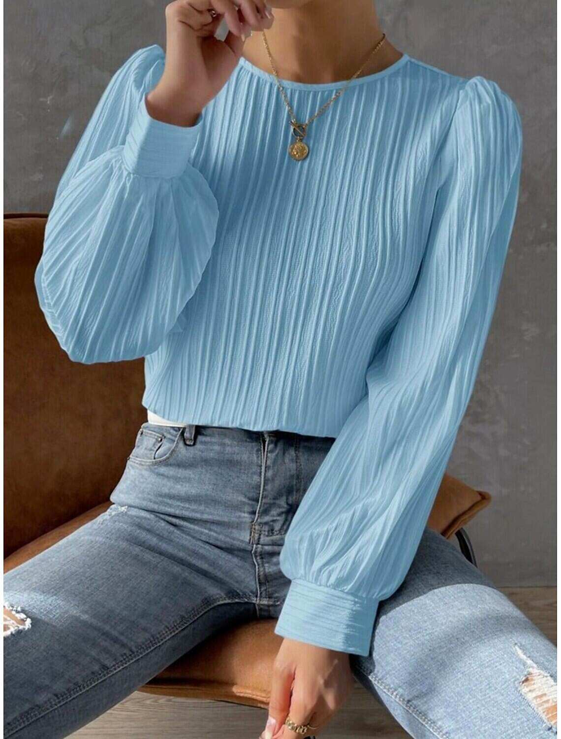 Women's Tunic Elegant Casual Solid Color Lantern Sleeve Long Sleeve Regular Tops Crew Neck Daily Spring Fall