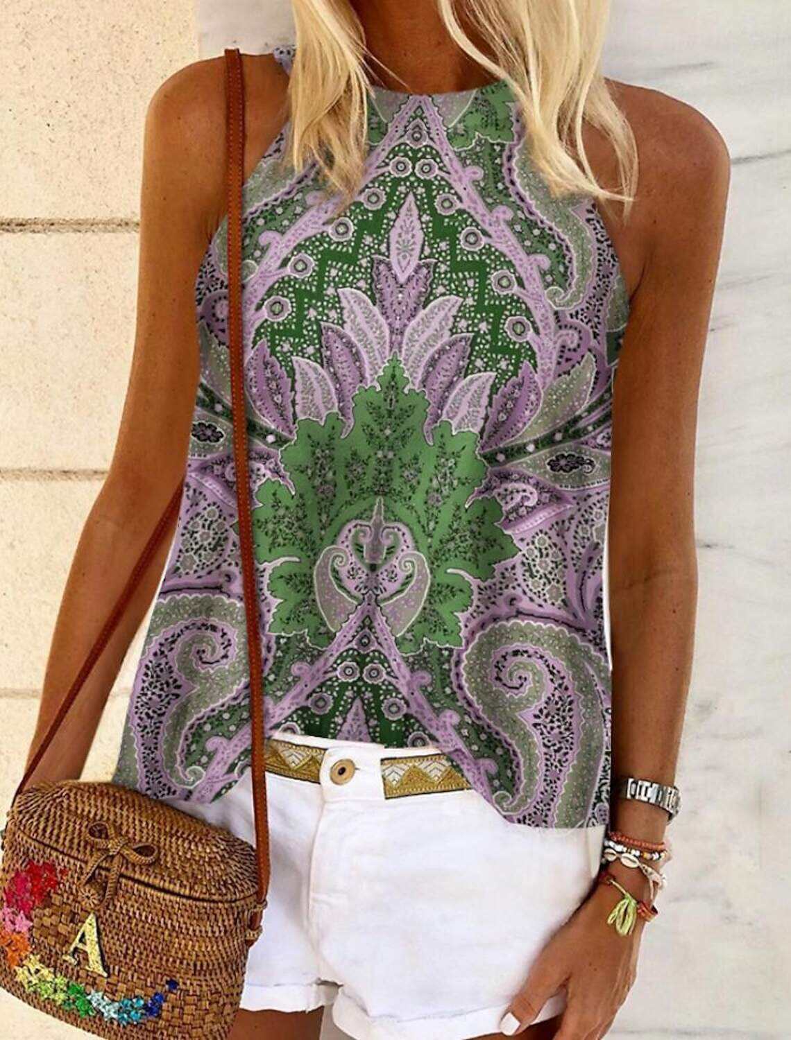 Women's Tank Top Halter Summer Tops Graphic Floral Sleeveless Ethnic Boho Halter S