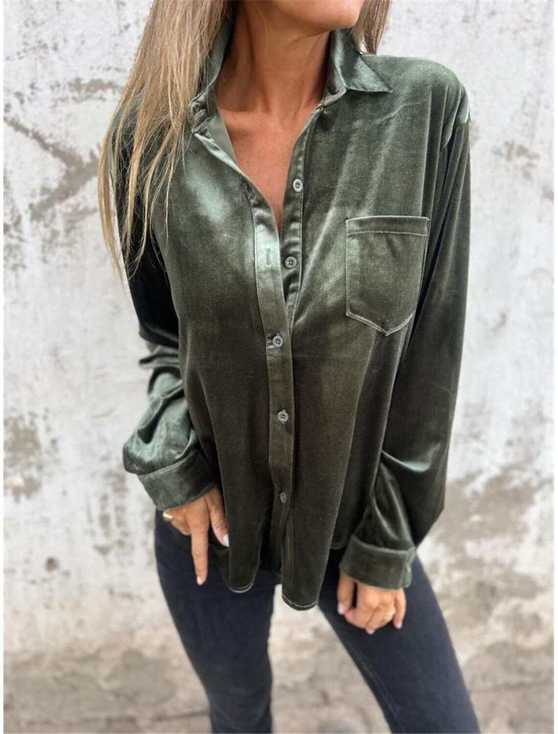 Women's Shirt Blouse Basic Casual Solid Color Regular Tops Long Sleeve Shirt Collar Buttons Regular Fit Daily Fall Winter
