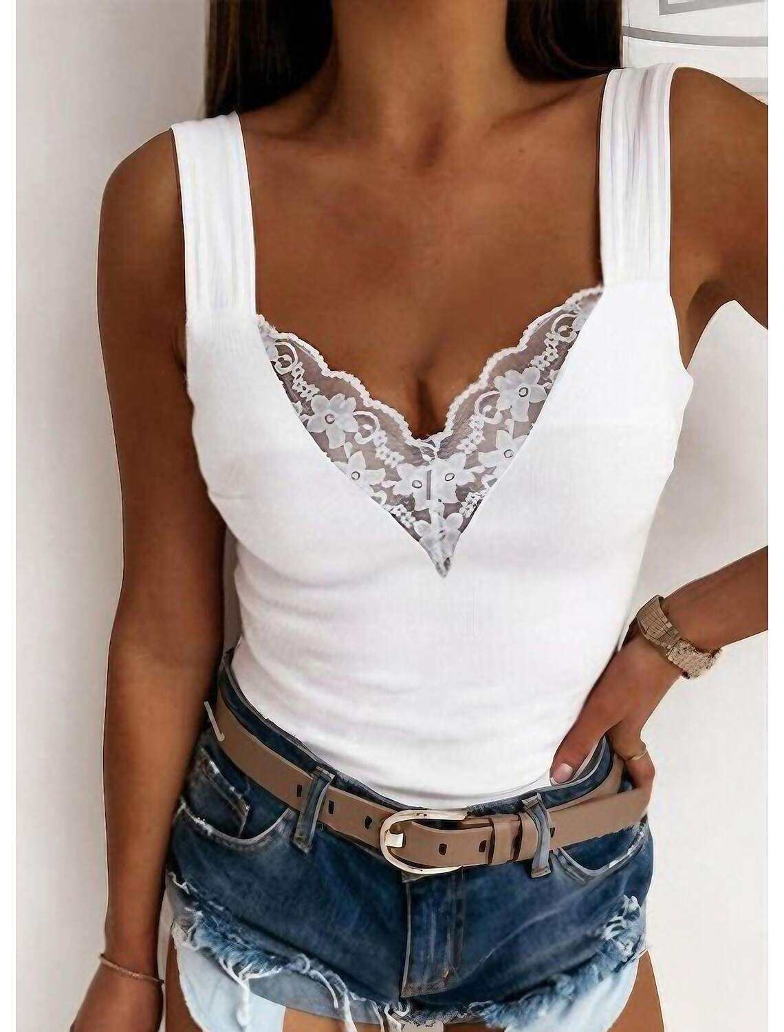 Women's Tank Top Going Out Tops Camis Concert Tops Plain Patchwork Lace Trims Sleeveless Party Daily Basic Sexy Sweetheart Regular S