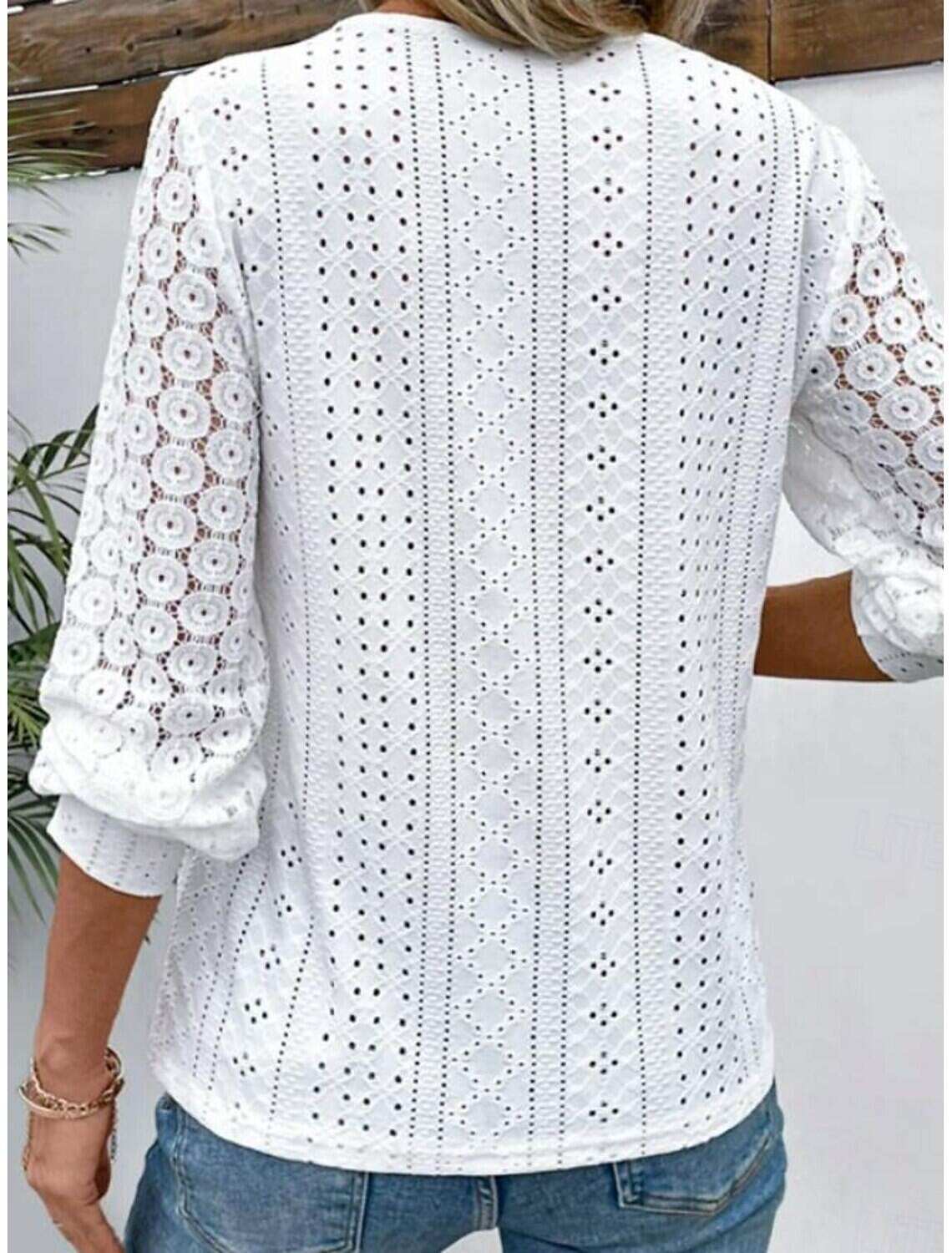 Women's Elegant Lace Tops Eyelet Blouse Stylish Modern Hollow Out Long Sleeve Regular Tops V Neck Work Daily Romantic Petite Tops Summer Holiday Wear Spring Fall