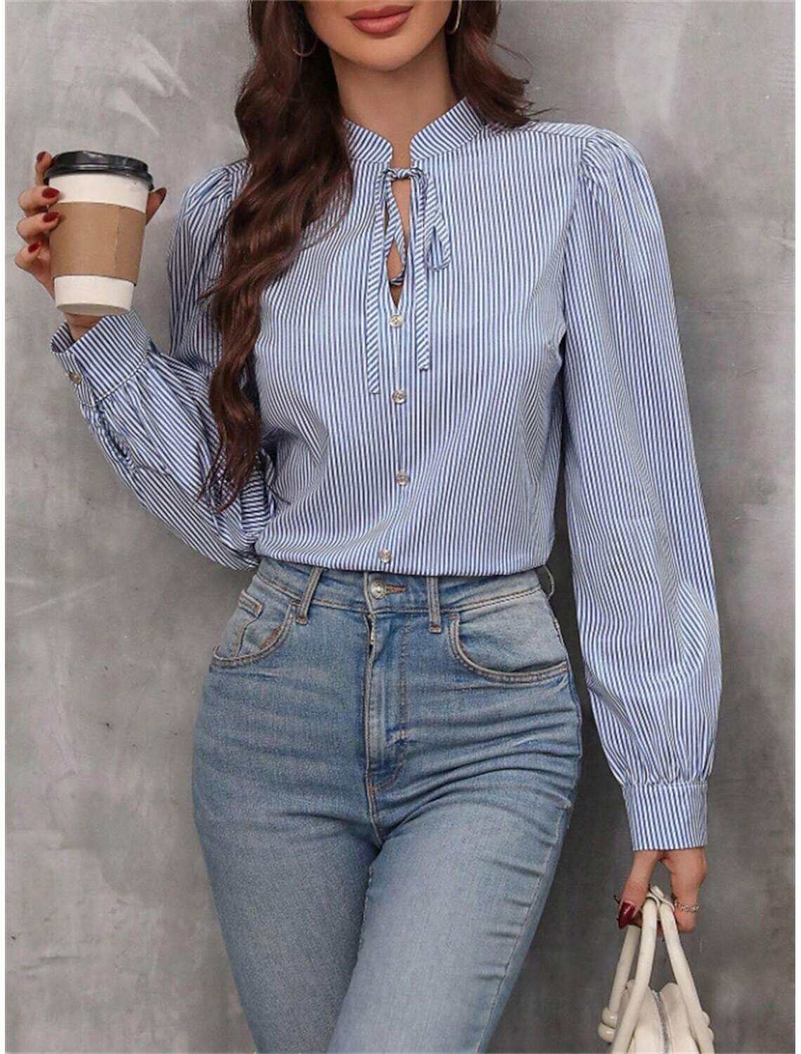 Women's Shirt Blouse Stylish Casual Striped Regular Tops Long Sleeve V Neck Patchwork Regular Fit Work Daily Going out Summer Spring Fall