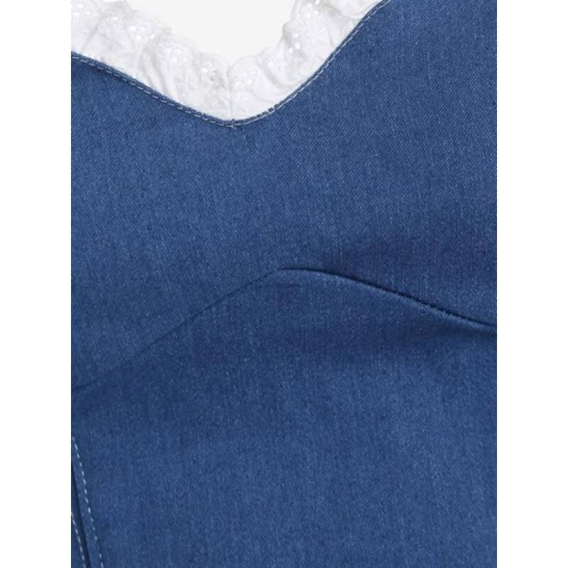 Denim Back Zip Contrast Ruffle Bandeau Corset Top SK2963