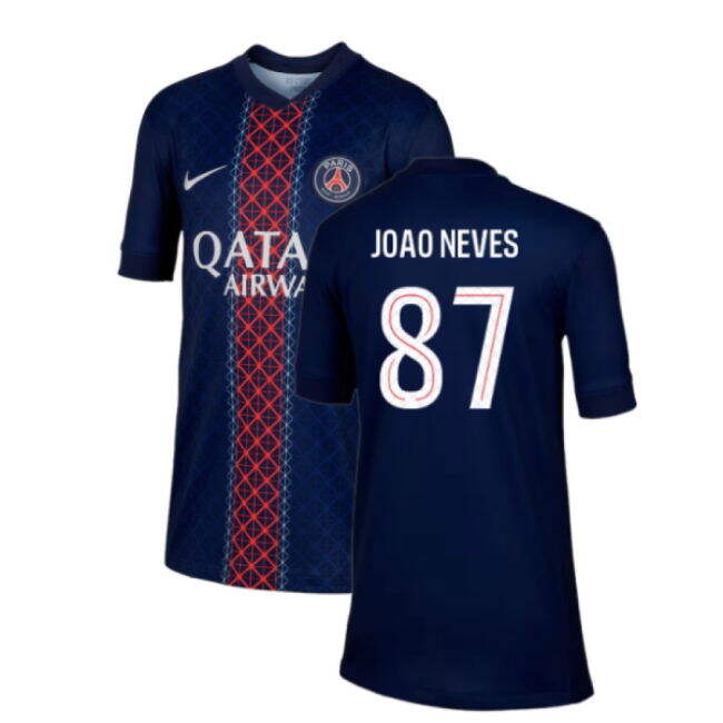 2025-2026 PSG Paris Saint Germain Home Shirt (Kids) (Joao Neves 87)
