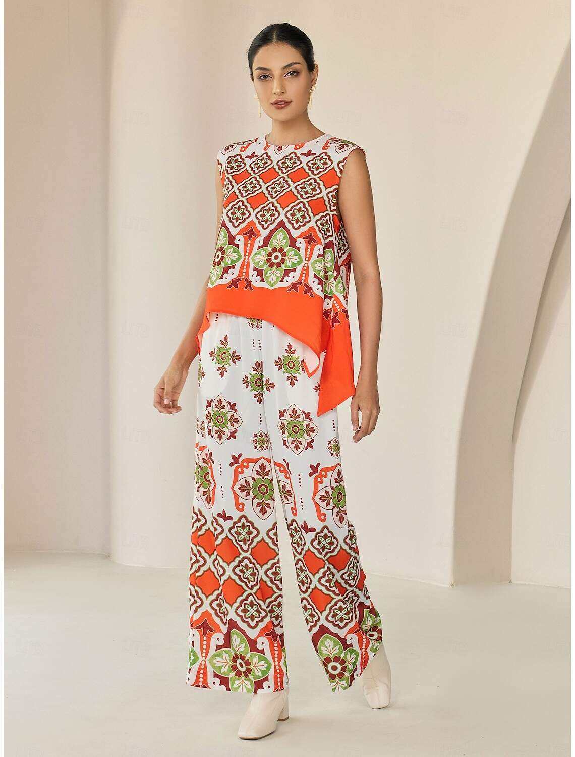 Satin Boho Double Slit Crew Neck Sleeveless Tank Top