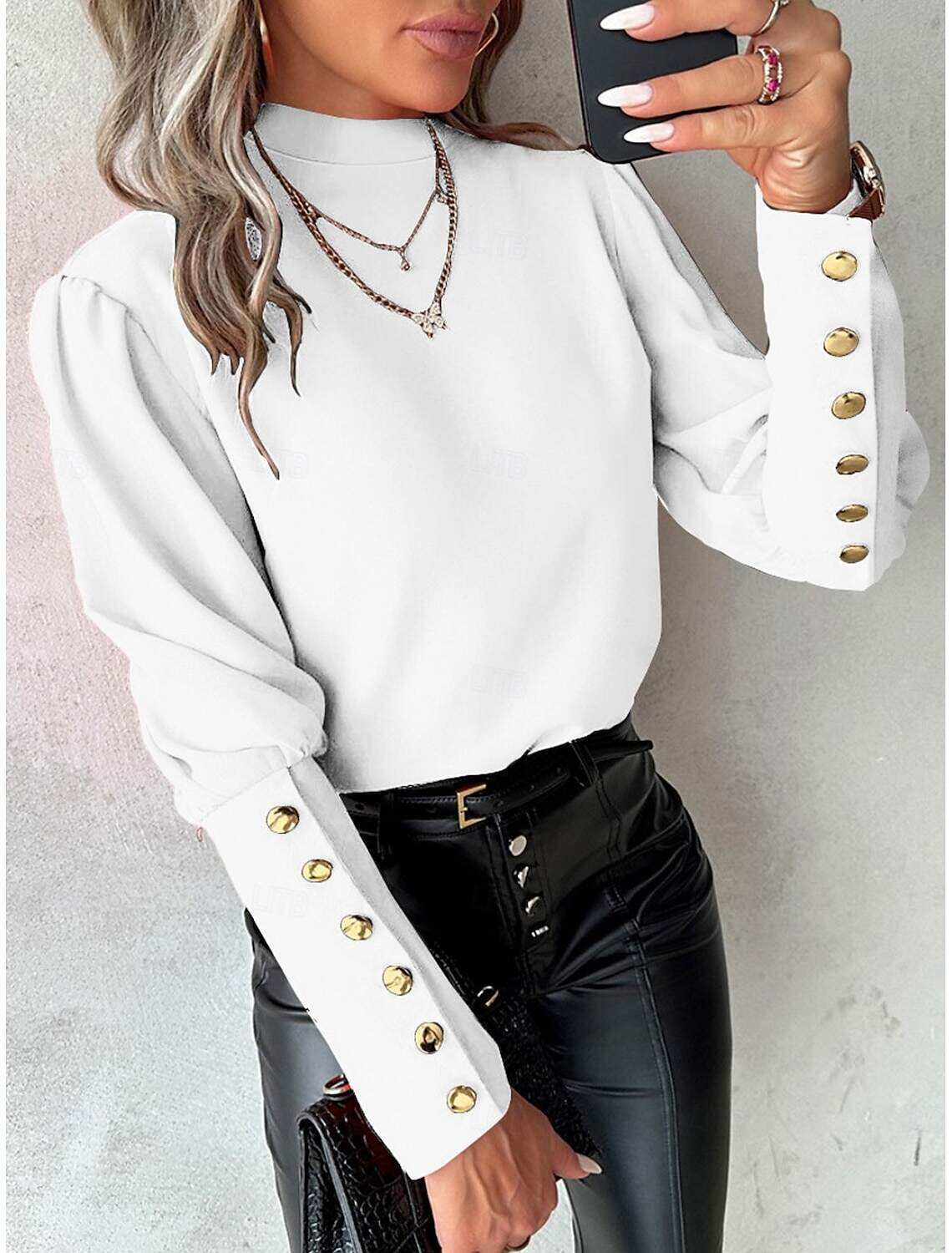 Women's Shirt Blouse Elegant Ladies Stylish Solid Color Long Sleeve High Neck Lace Buttons Slim Work Spring Fall Winter