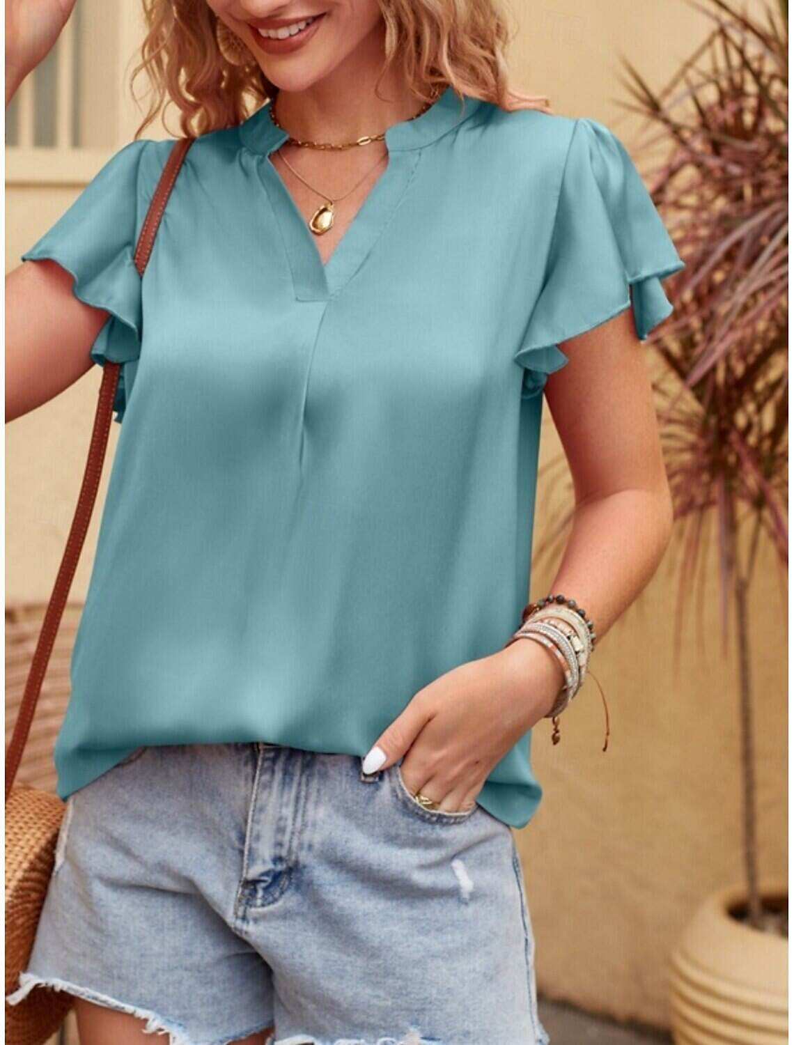 Women's T Shirt Fashion Modern Formal Plain Regular Tops Short Sleeve V Neck Ruffle Regular Fit Formal Wear Summer