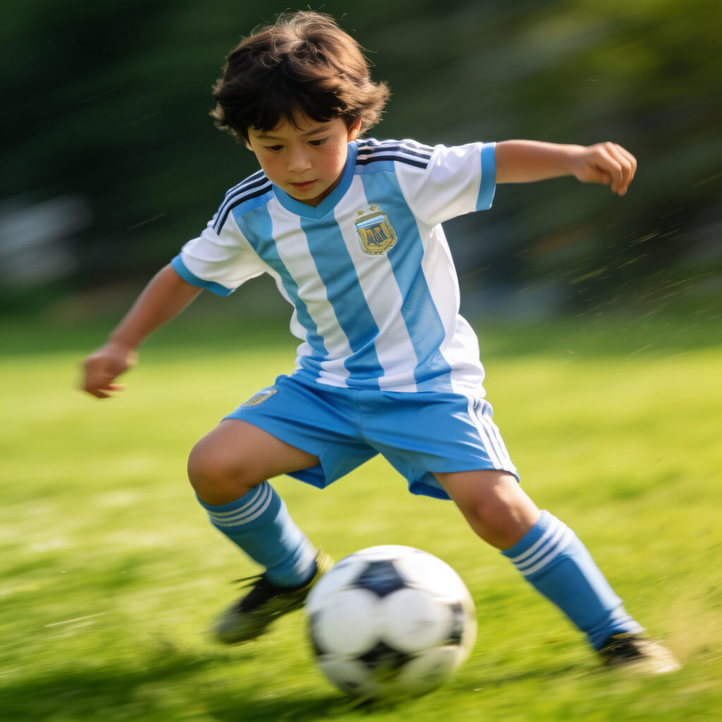 A child wearing a full kit (jersey, shorts, socks) posing in an action-oriented stance with a football.